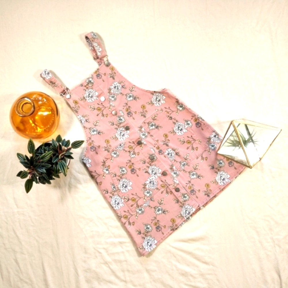 Tinseltown Blush and Delicate Floral Printed Denim Overalls Dress in Size Medium